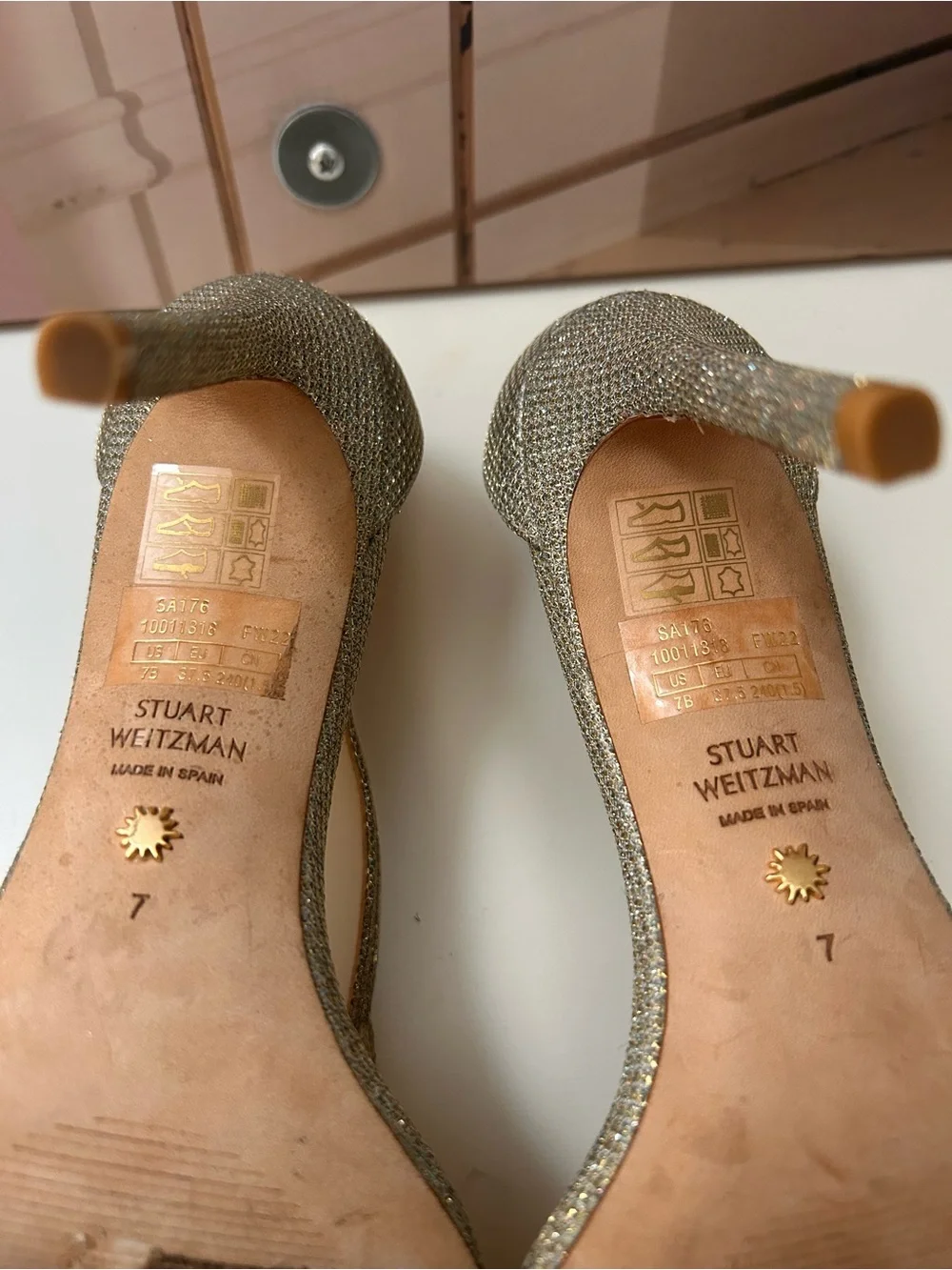 Stuart Weitzman Glitter Gold Ankle-Strap Heels